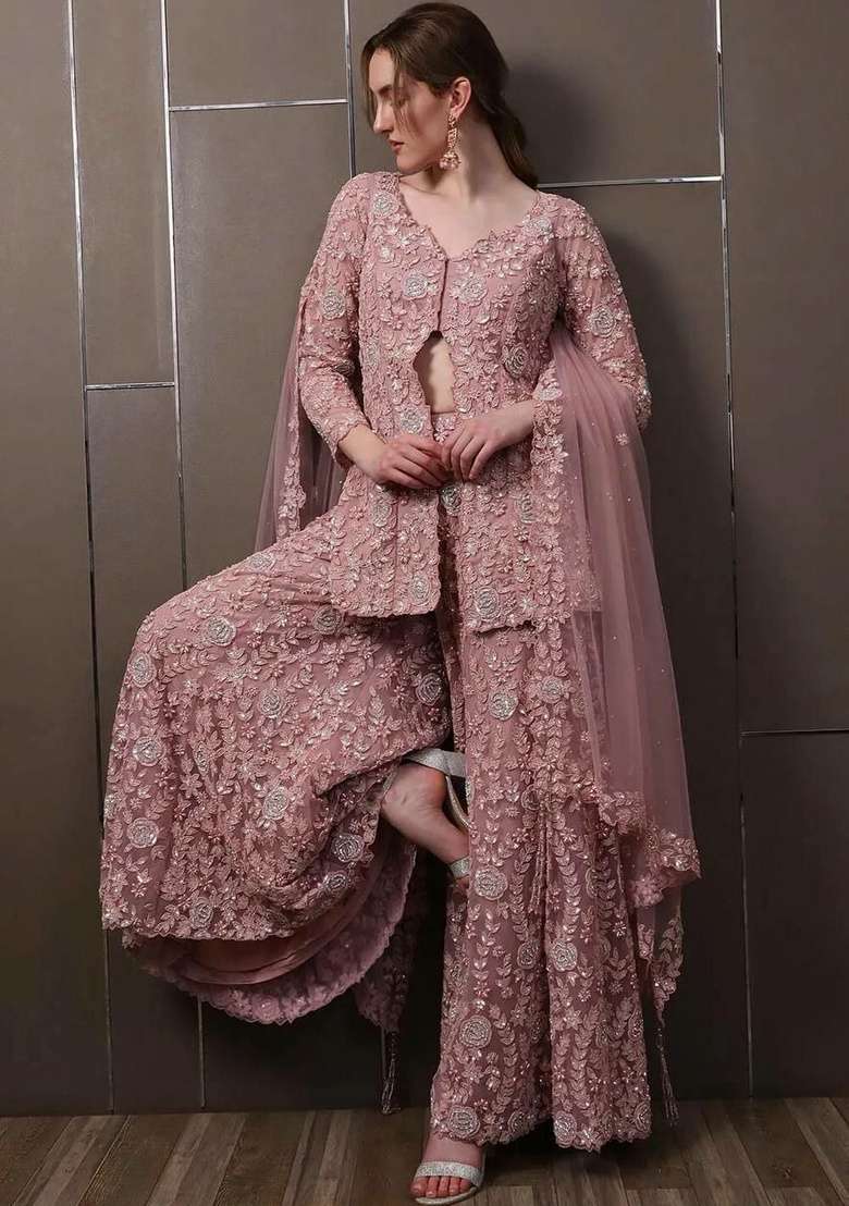 Pink Embroidery Georgette Salwar Suit Set - Indya