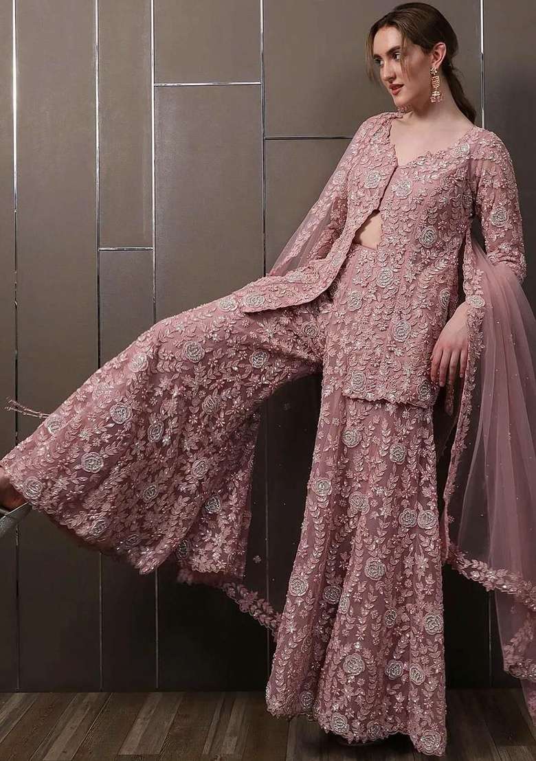 Pink Embroidery Georgette Salwar Suit Set - Indya