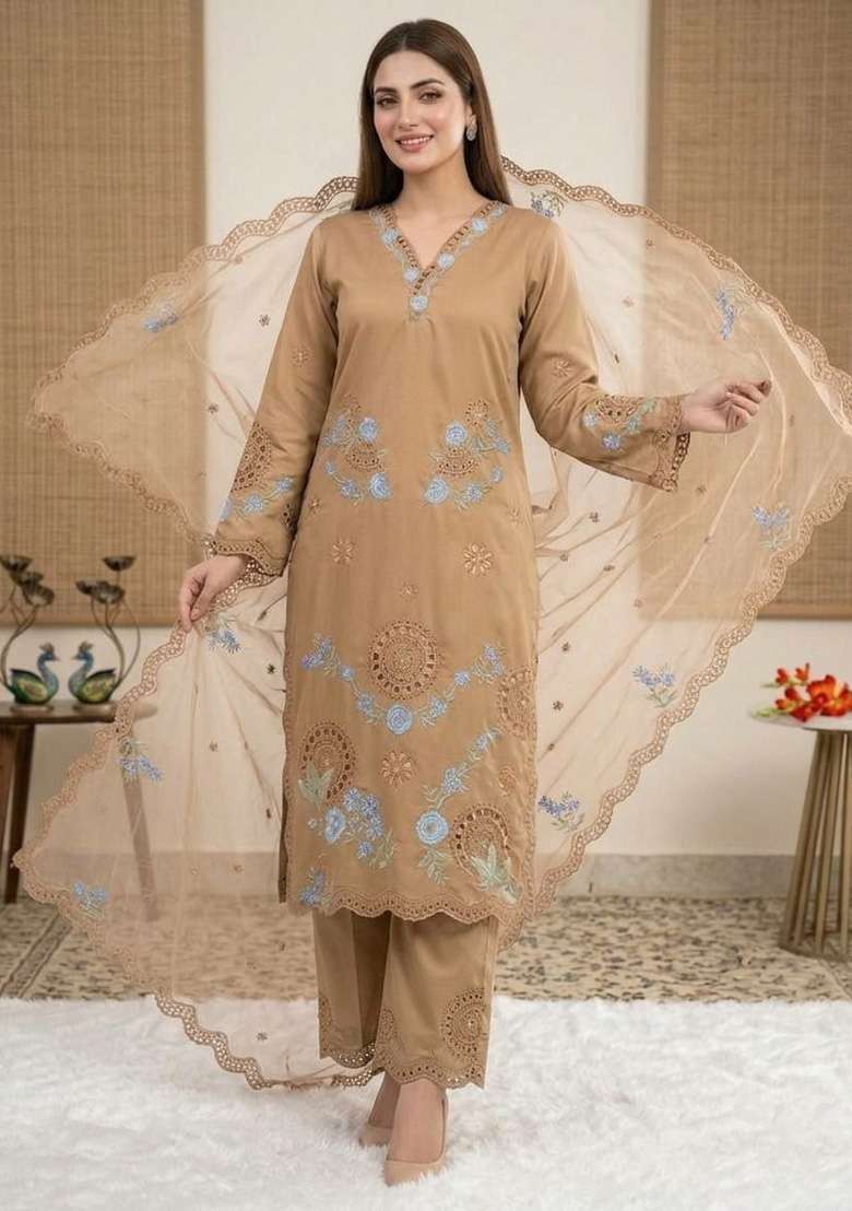 Brown Embroidery Roman Salwar Suit Set - Indya