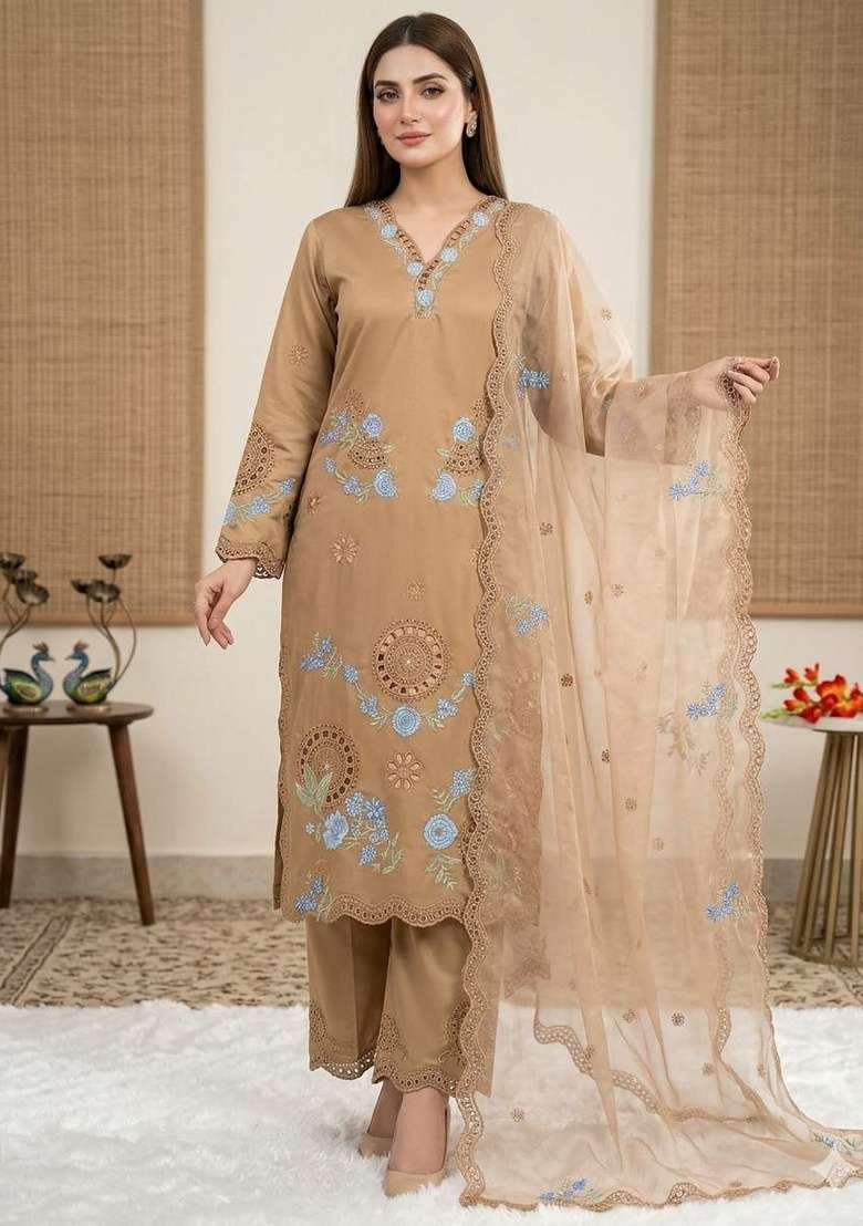 Brown Embroidery Roman Salwar Suit Set - Indya