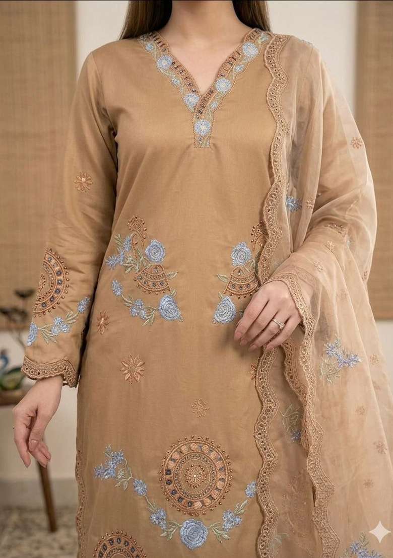 Brown Embroidery Roman Salwar Suit Set - Indya