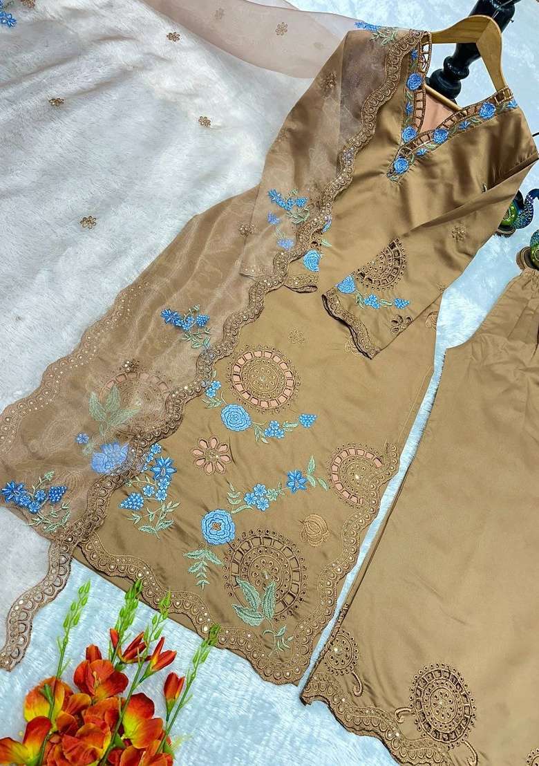 Brown Embroidery Roman Salwar Suit Set - Indya