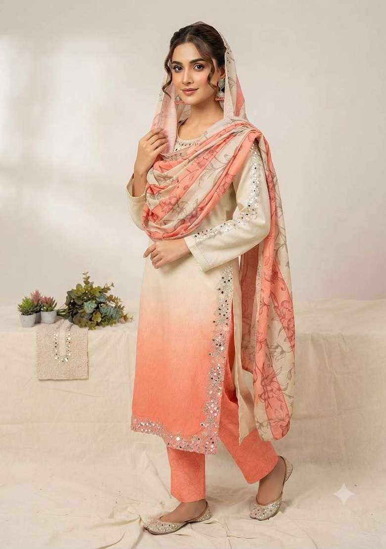 White And Pink Mirror Work Silk Salwar Suit Set - Indya