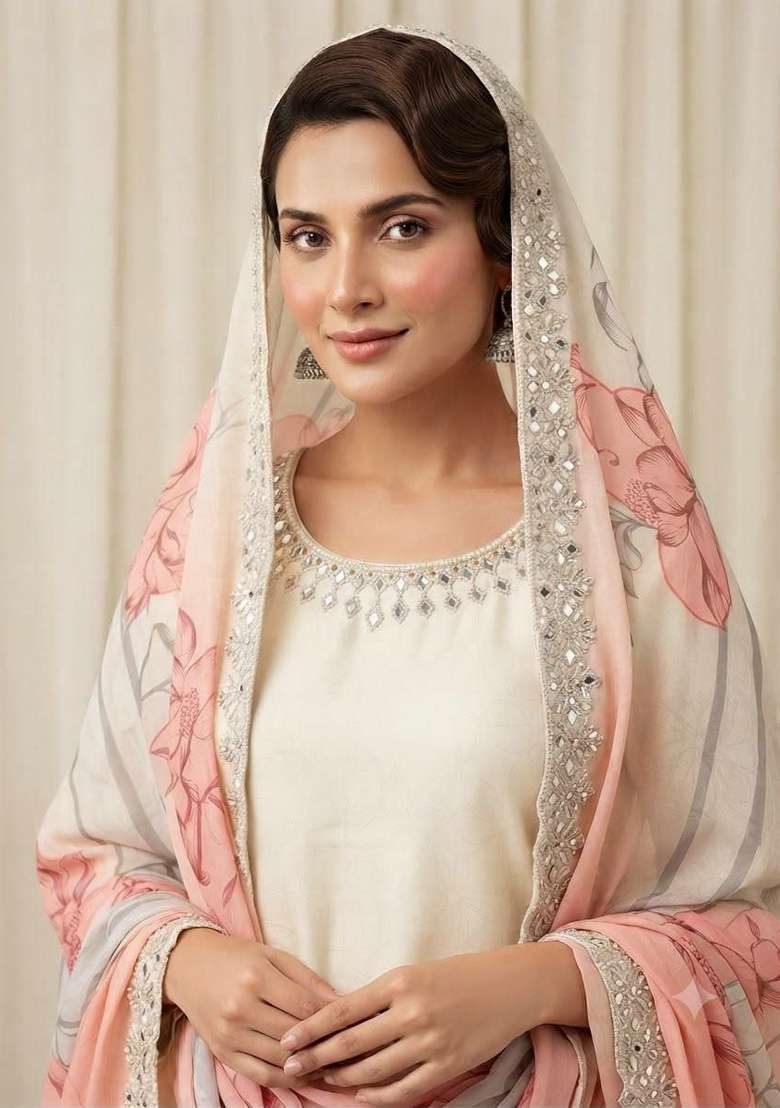 White And Pink Mirror Work Silk Salwar Suit Set - Indya