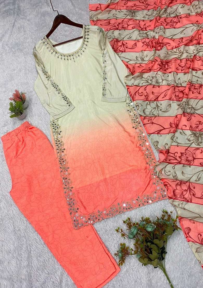 White And Pink Mirror Work Silk Salwar Suit Set - Indya