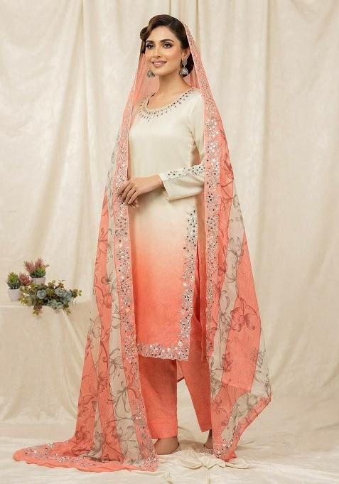 White And Pink Mirror Work Silk Salwar Suit Set
