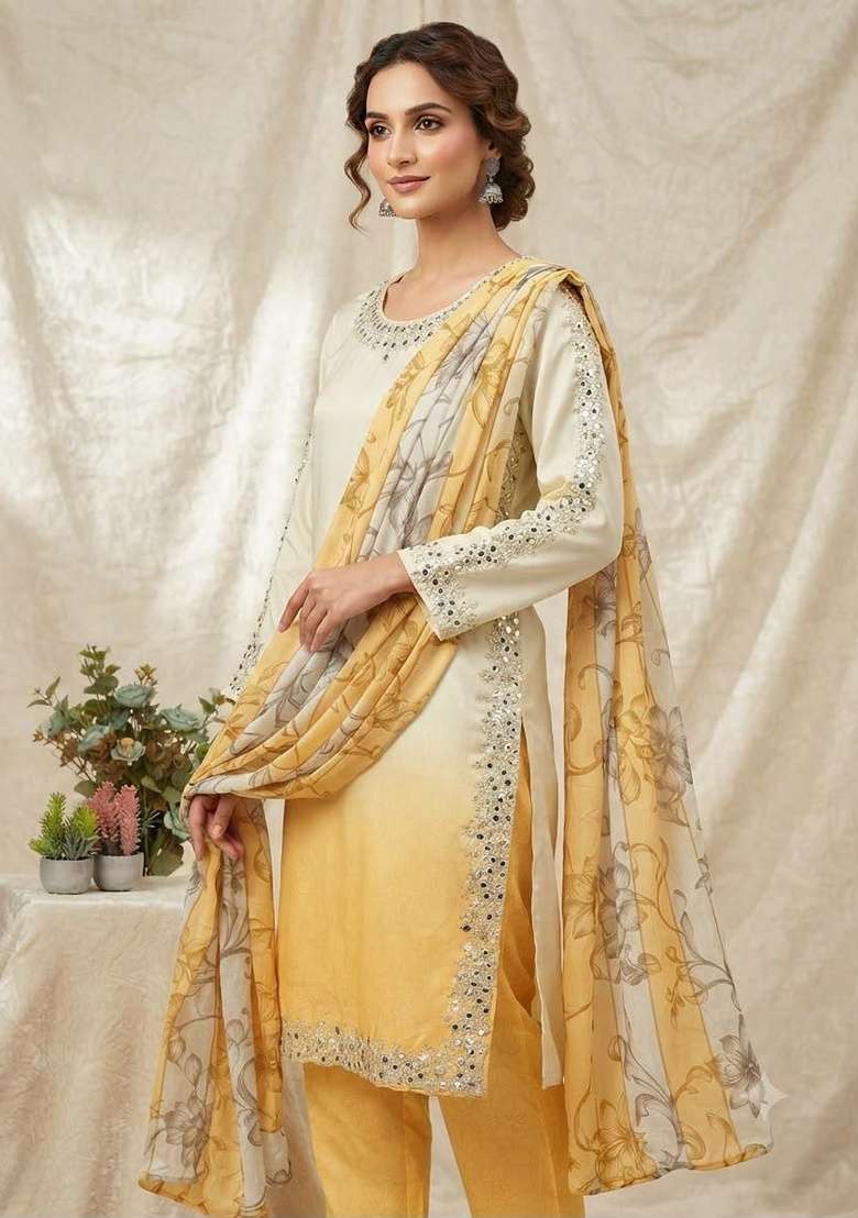 White And Yellow Mirror Work Silk Salwar Suit Set - Indya