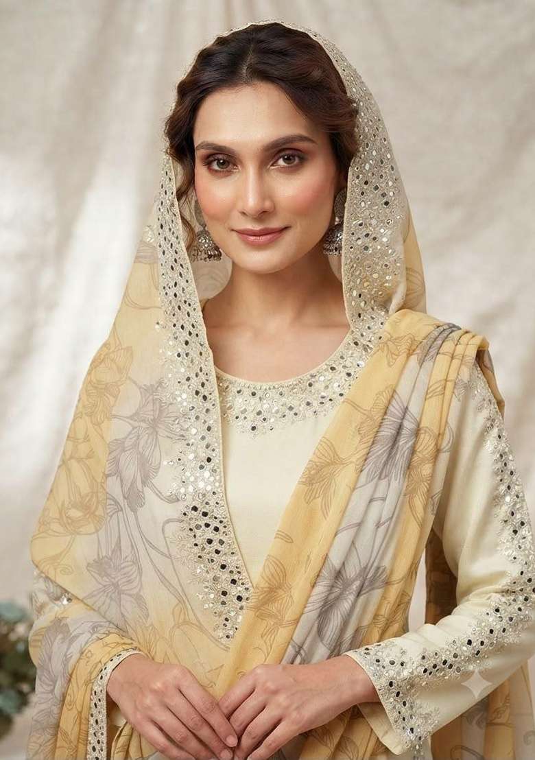 White And Yellow Mirror Work Silk Salwar Suit Set - Indya