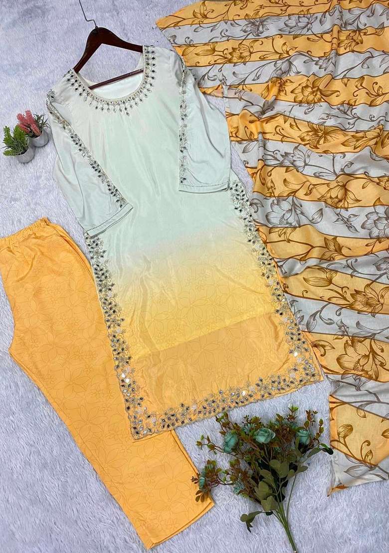 White And Yellow Mirror Work Silk Salwar Suit Set - Indya