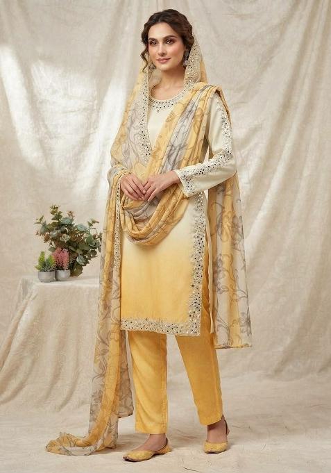 White And Yellow Mirror Work Silk Salwar Suit Set