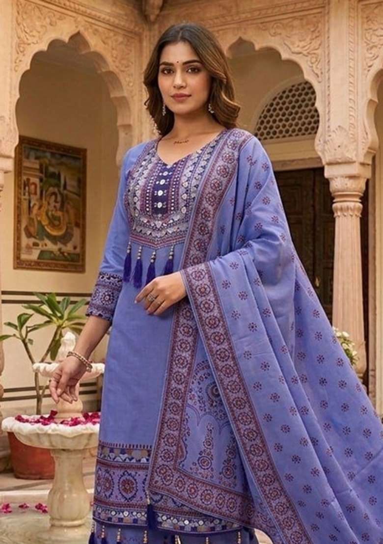 Purple Mirror Work Silk Salwar Suit Set - Indya