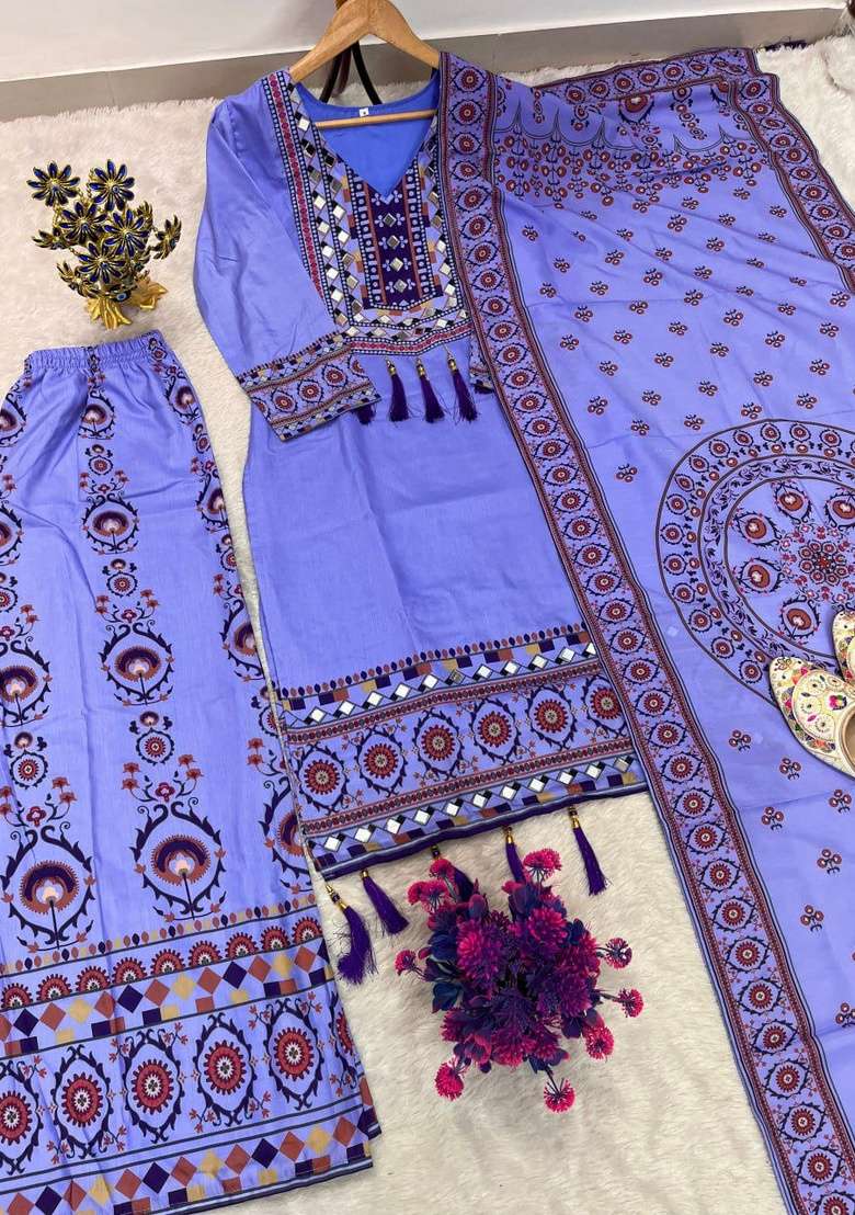 Purple Mirror Work Silk Salwar Suit Set - Indya