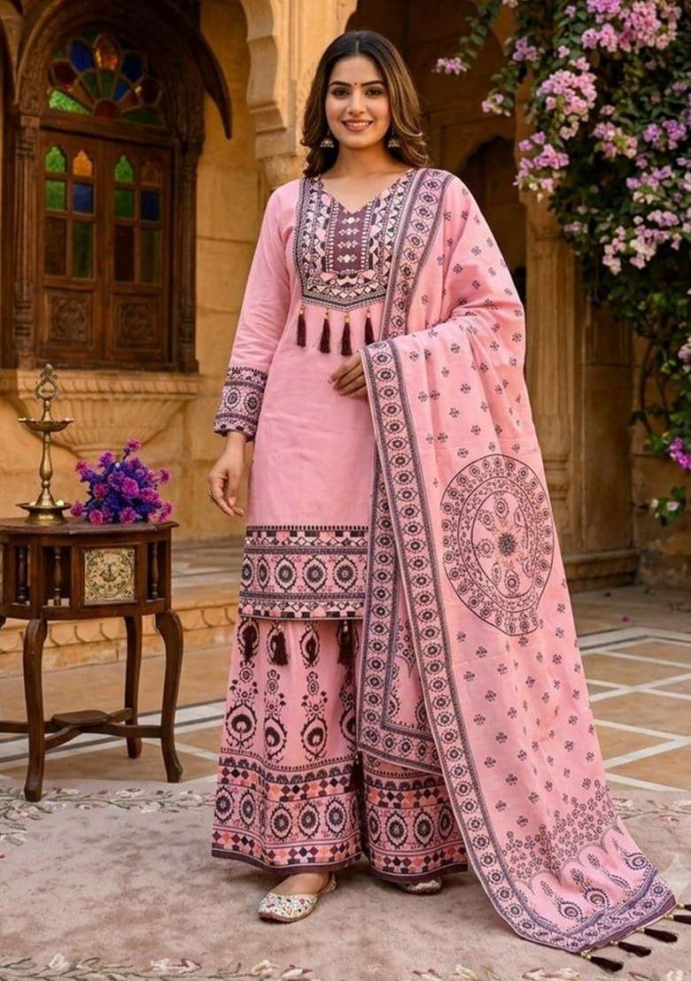 Pink Mirror Work Silk Salwar Suit Set - Indya