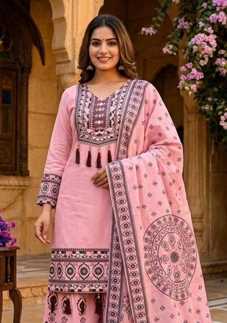 Pink Mirror Work Silk Salwar Suit Set - Indya