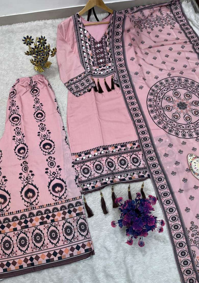 Pink Mirror Work Silk Salwar Suit Set - Indya