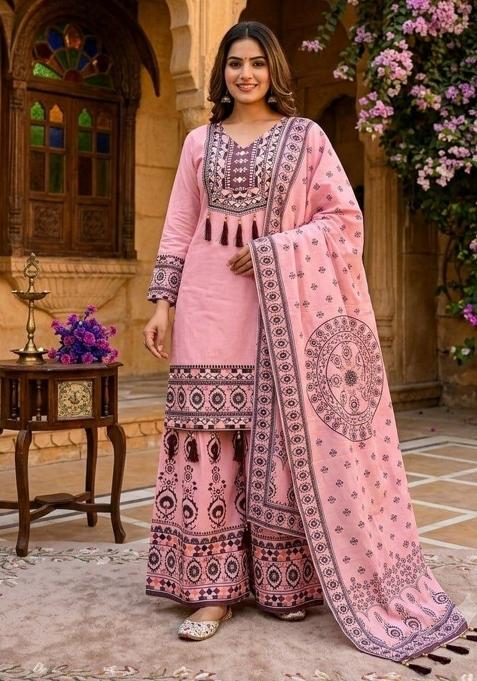 Pink Mirror Work Silk Salwar Suit Set