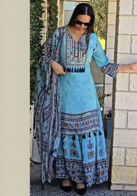 Blue Mirror Work Silk Salwar Suit Set