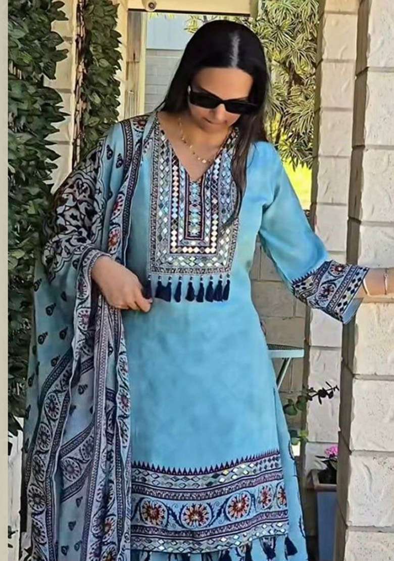 Blue Mirror Work Silk Salwar Suit Set - Indya