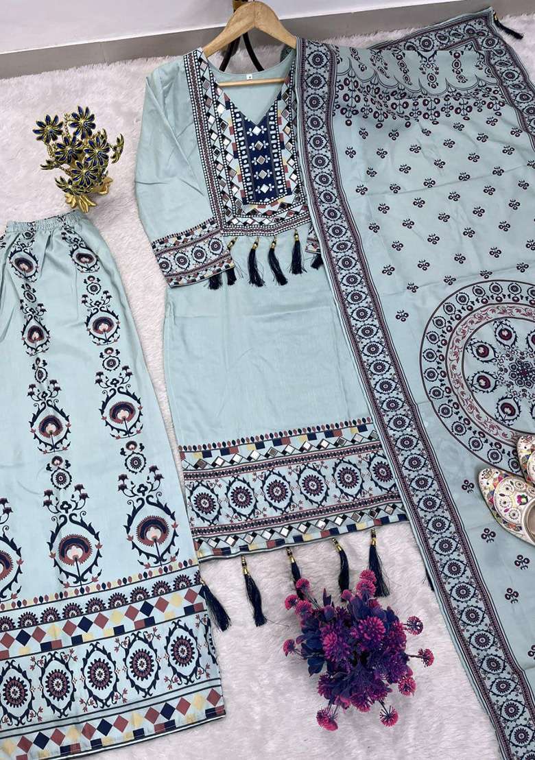 Blue Mirror Work Silk Salwar Suit Set - Indya