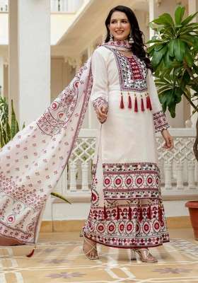 White Mirror Work Silk Salwar Suit Set