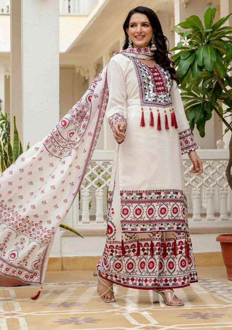 White Mirror Work Silk Salwar Suit Set - Indya