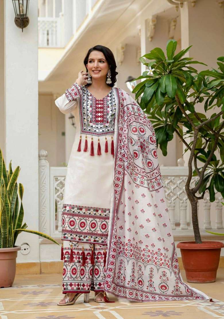 White Mirror Work Silk Salwar Suit Set - Indya