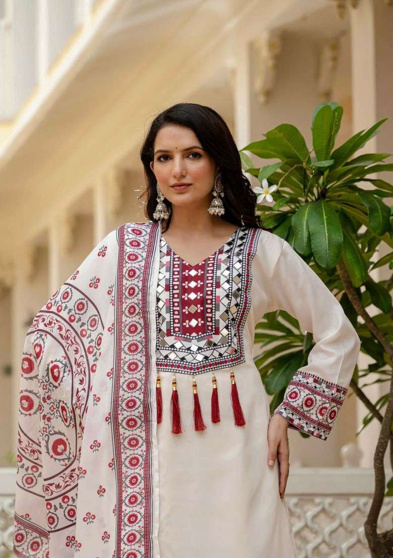 White Mirror Work Silk Salwar Suit Set - Indya