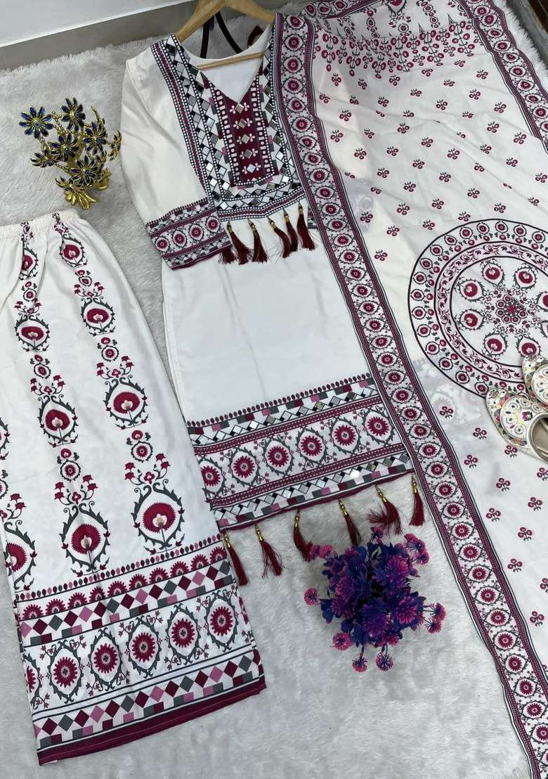 White Mirror Work Silk Salwar Suit Set - Indya