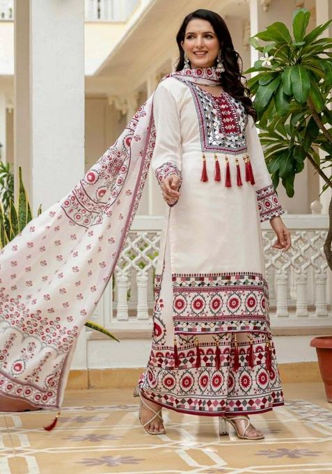 White Mirror Work Silk Salwar Suit Set