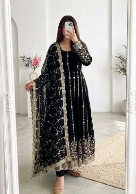 Black Sequin Work Silk Anarkali Set