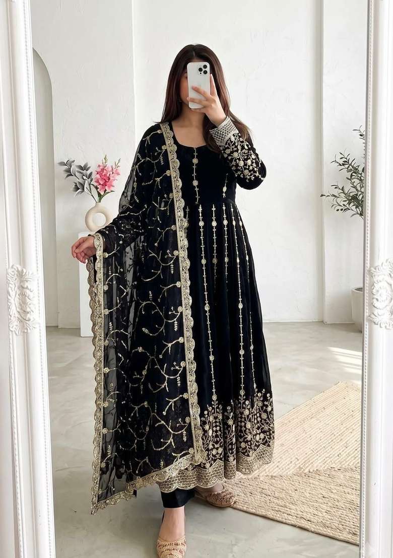 Black Sequin Work Silk Anarkali Set - Indya