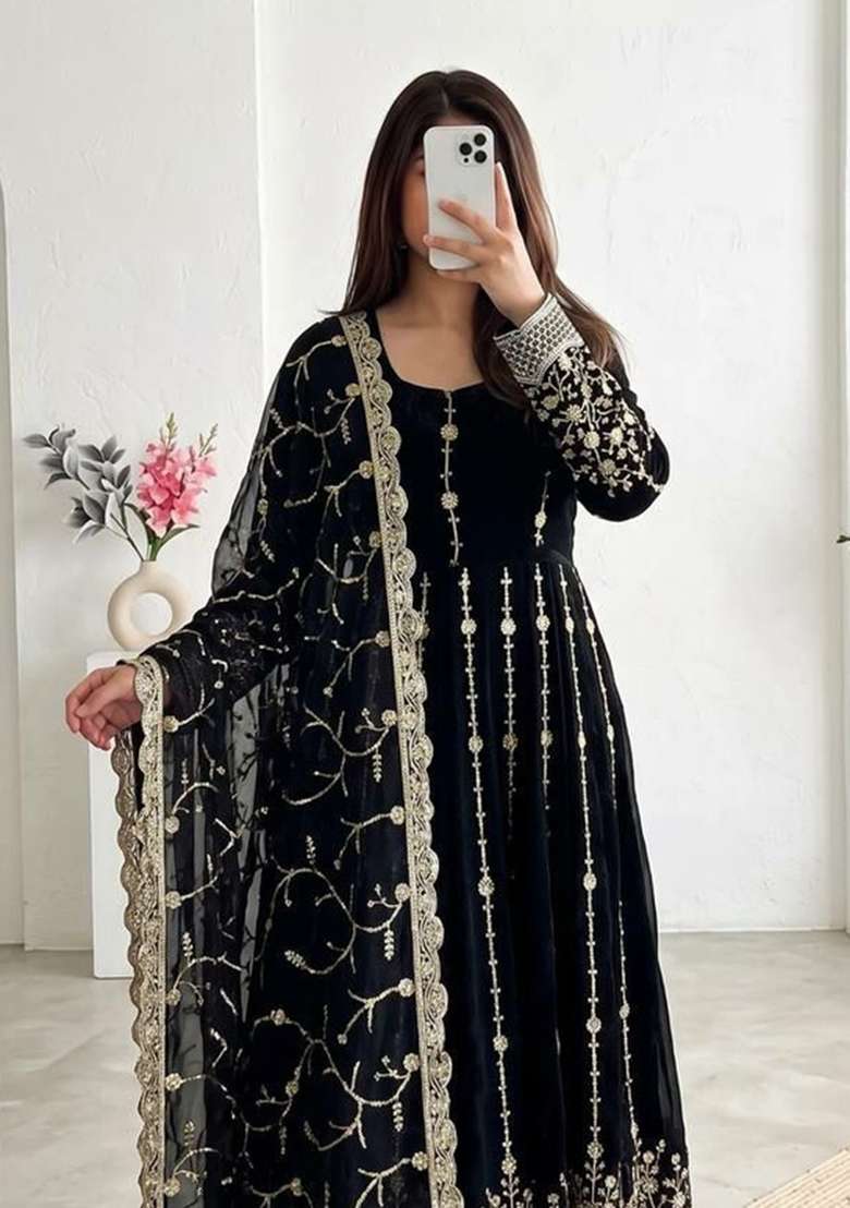 Black Sequin Work Silk Anarkali Set - Indya