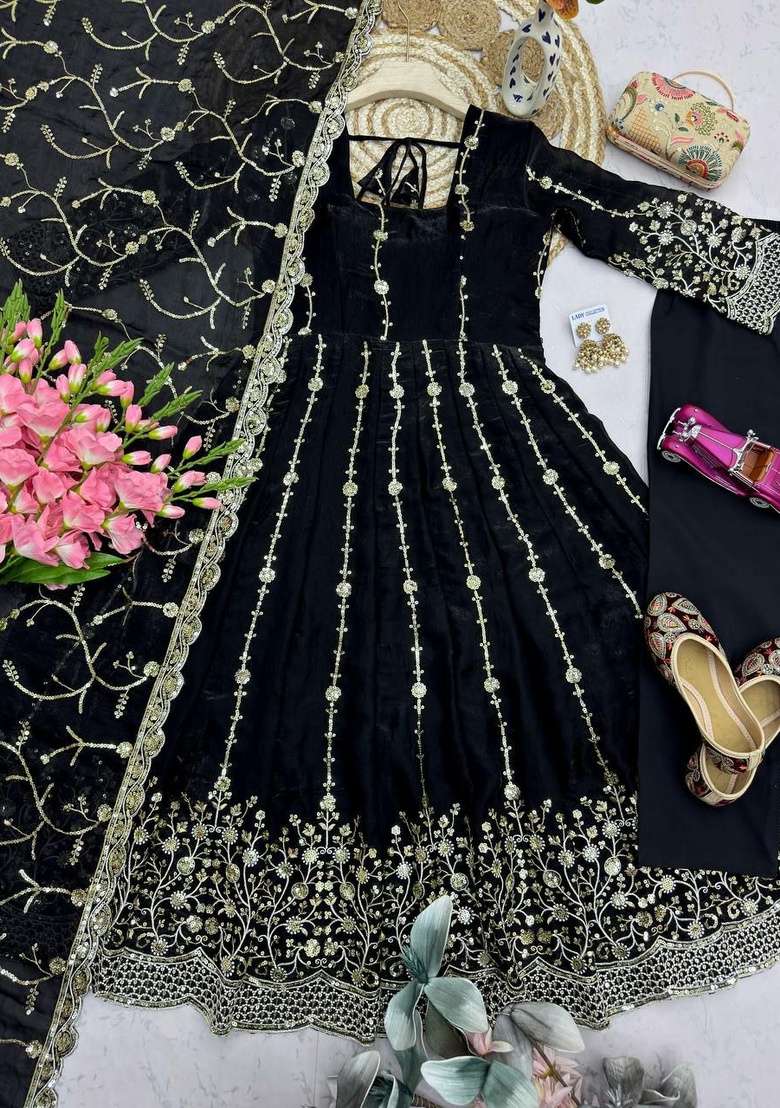 Black Sequin Work Silk Anarkali Set - Indya
