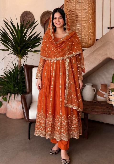 Orange Sequin Work Silk Anarkali Set