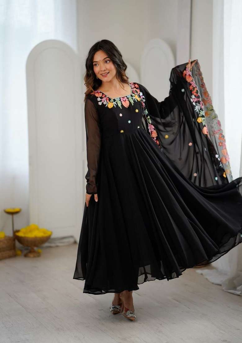Black Embroidery Georgette Anarkali Set - Indya