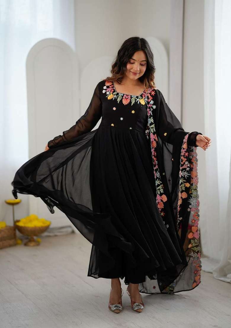 Black Embroidery Georgette Anarkali Set - Indya