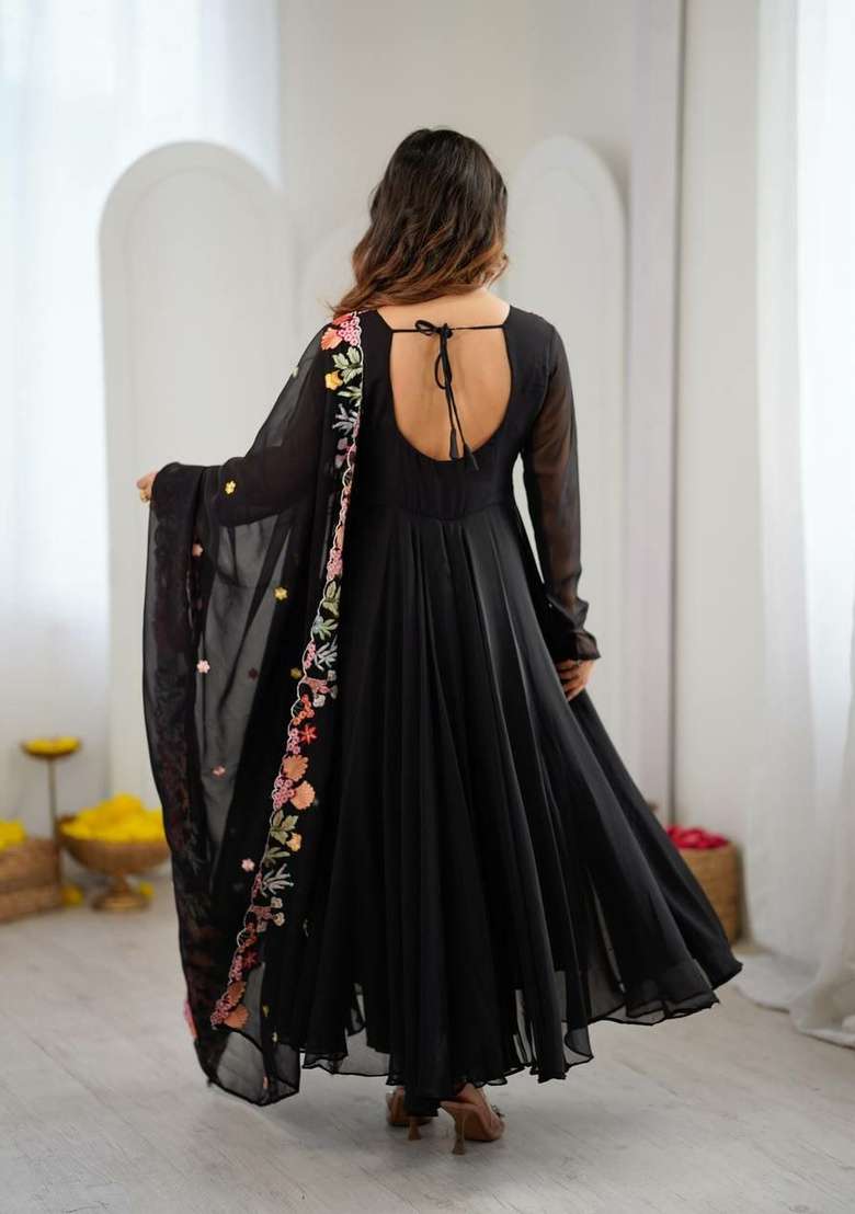 Black Embroidery Georgette Anarkali Set - Indya