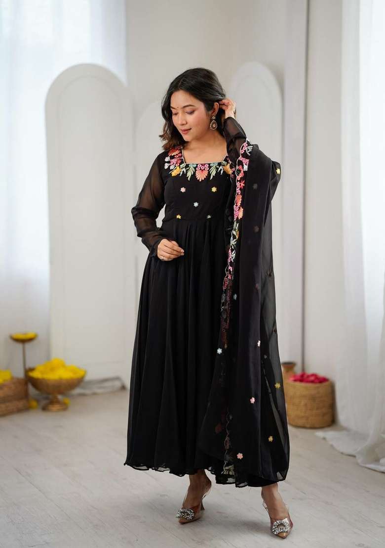 Black Embroidery Georgette Anarkali Set - Indya