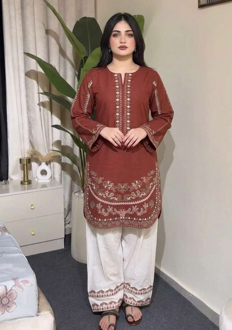Brown Embroidery Silk Salwar Suit Set - Indya