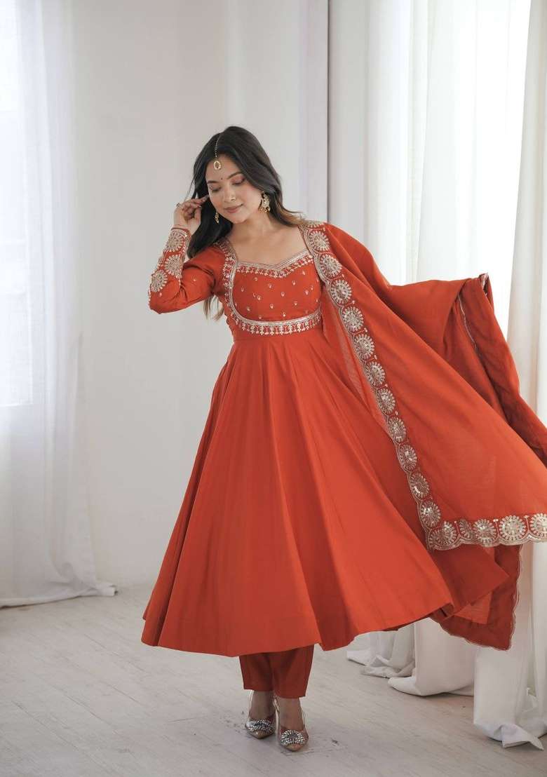 Orange Embroidery Silk Anarkali Set - Indya