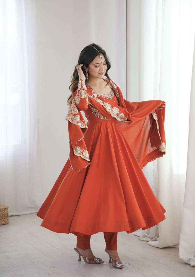 Orange Embroidery Silk Anarkali Set - Indya
