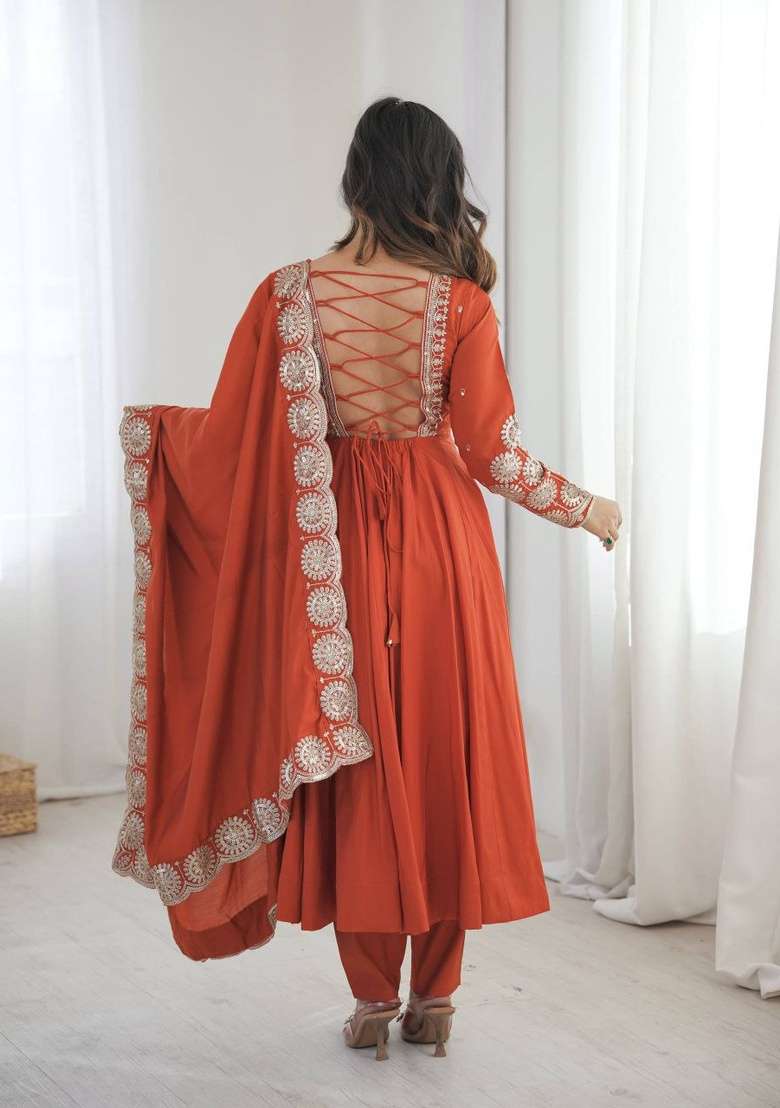 Orange Embroidery Silk Anarkali Set - Indya