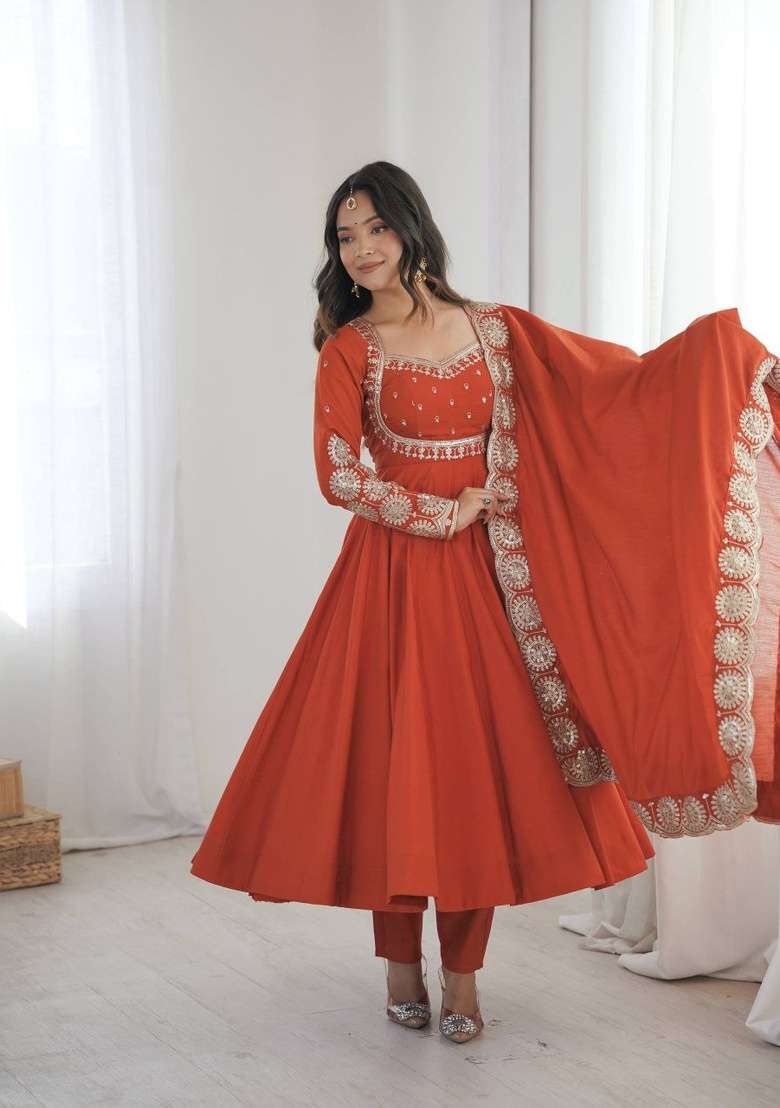 Orange Embroidery Silk Anarkali Set - Indya