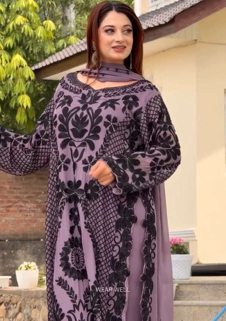 Purple Embroidery Georgette Salwar Suit Set - Indya