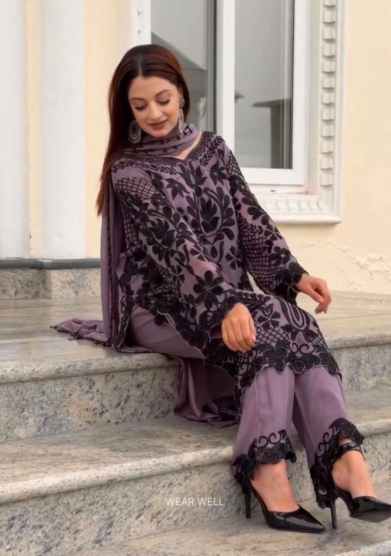 Purple Embroidery Georgette Salwar Suit Set - Indya