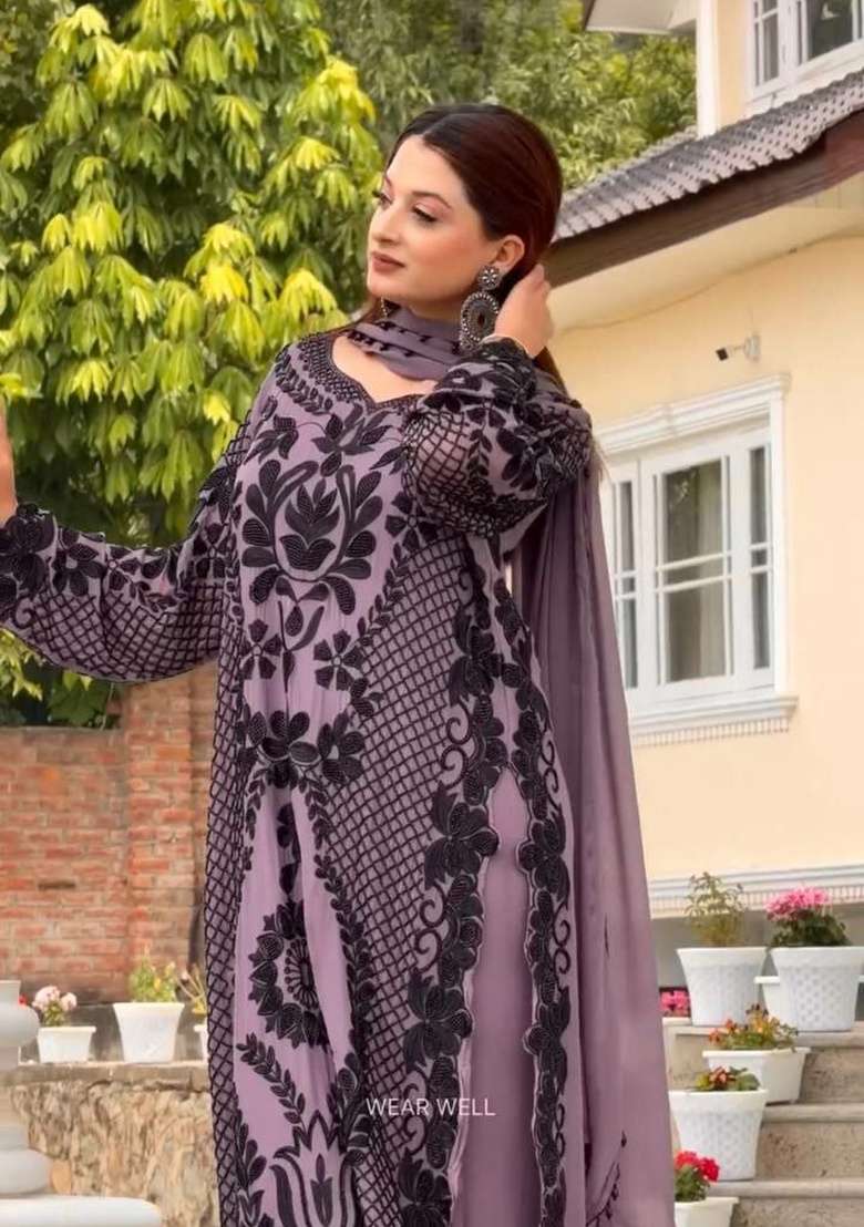 Purple Embroidery Georgette Salwar Suit Set - Indya