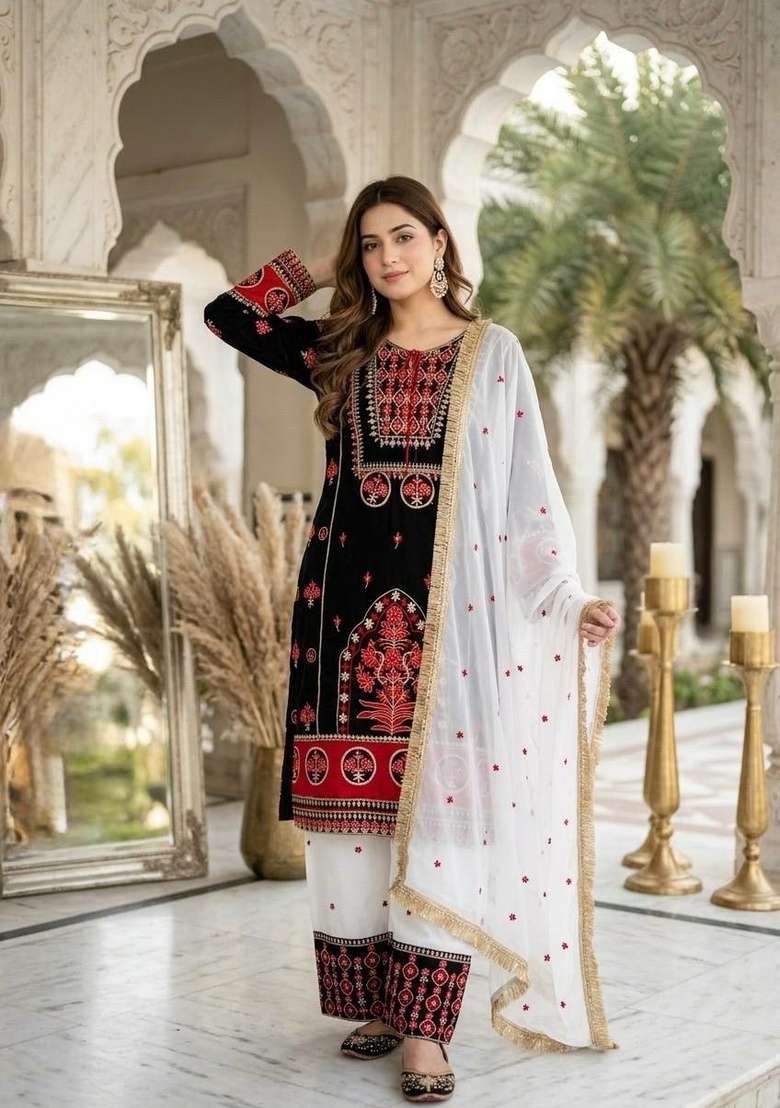 Black Embroidery Silk Salwar Suit Set - Indya