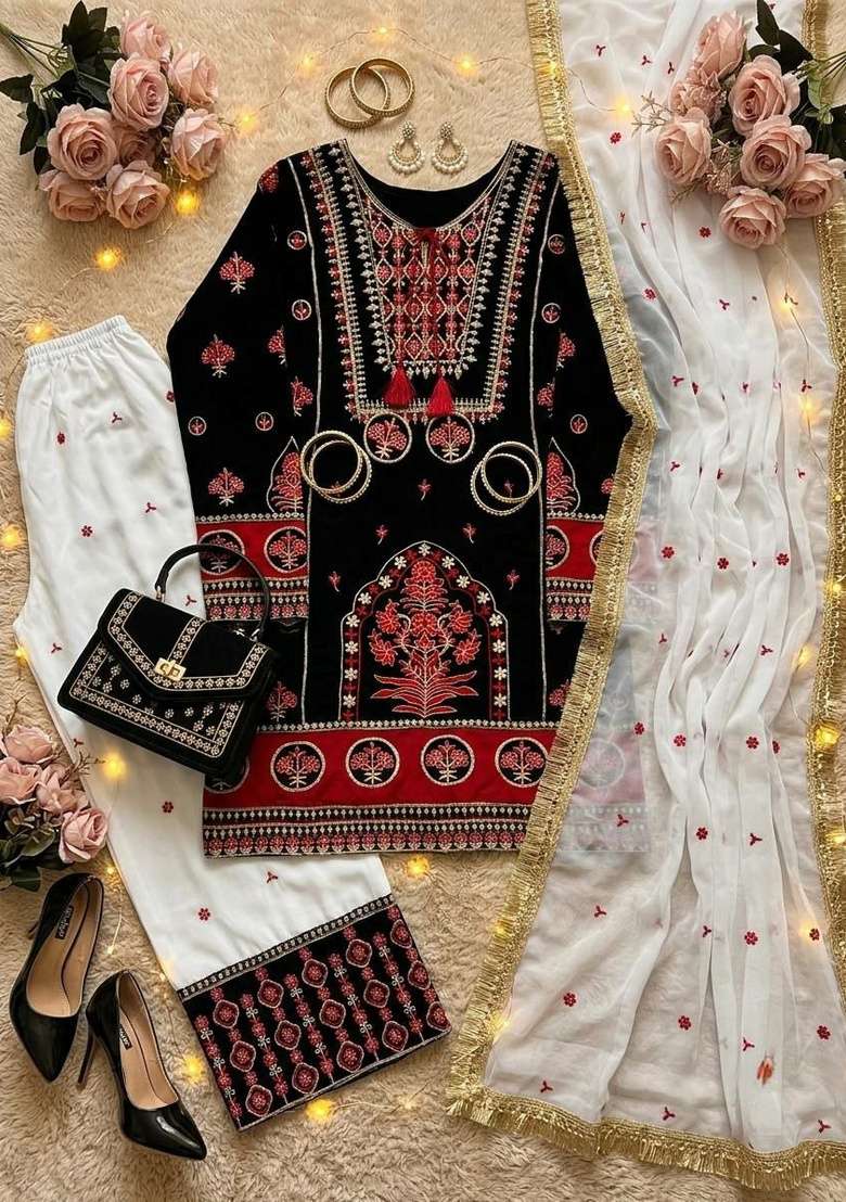 Black Embroidery Silk Salwar Suit Set - Indya