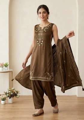 Brown Embroidery Moss Salwar Suit Set