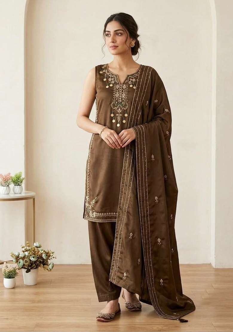 Brown Embroidery Moss Salwar Suit Set - Indya